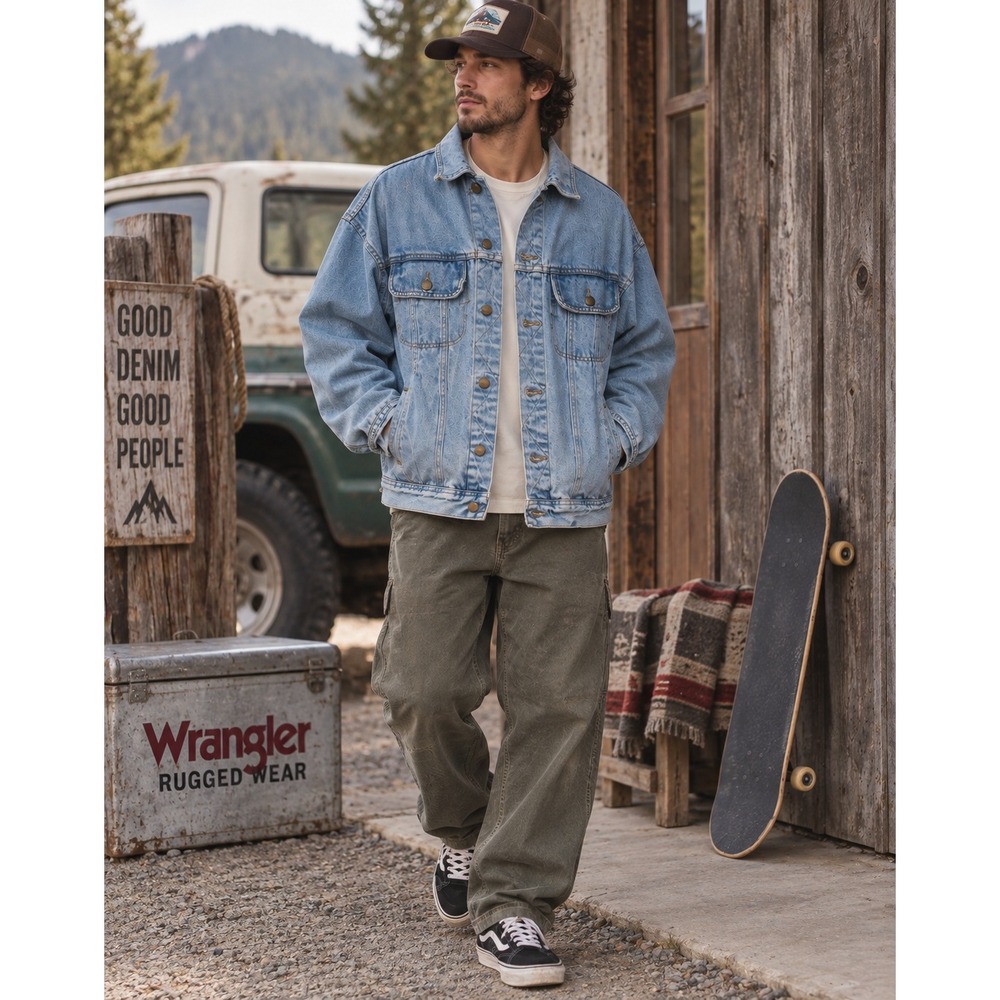 VTG 90s Men's Wrangler Rugged Wear Denim Trucker Jacket Faded Light Wash Blue L